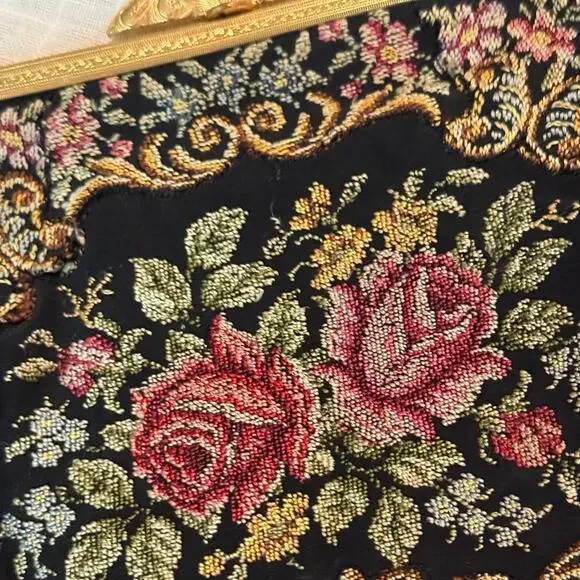 Vintage Petit Point Evening Bag β’ Ornate Clasp β’ Floral Front β’ 8.5β Wide - Picture 2 of 13